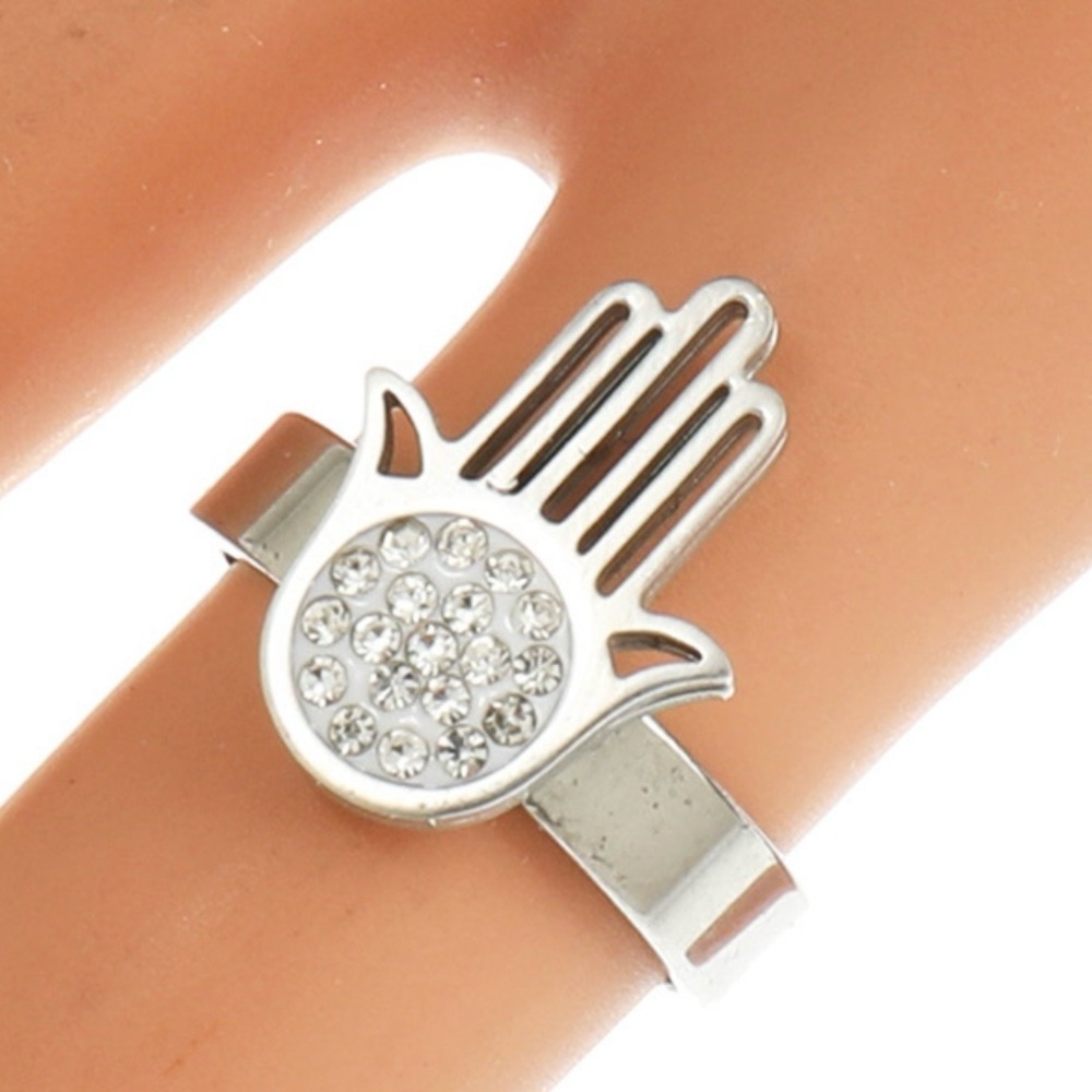 💜 Size 5 1/2 Hypoallergenic Stainless Steel Hamsa Crystal Ring NEW